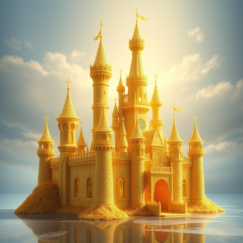 a 2D illustration of a magnificent castle crafted from delicate golden threads, standing prominently against a tranquil backdrop