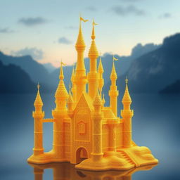 a 2D illustration of a magnificent castle crafted from delicate golden threads, standing prominently against a tranquil backdrop