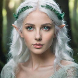 Ethereal elf with shining emerald green eyes and cascading white hair, in an enchanting forest setting