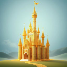 a 2D illustration of a magnificent castle crafted from delicate golden threads, standing prominently against a tranquil backdrop