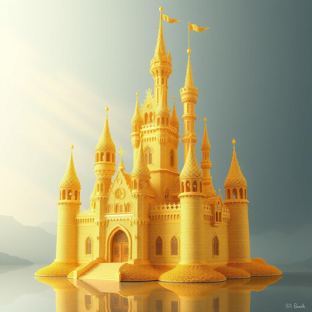 a 2D illustration of a magnificent castle crafted from delicate golden threads, standing prominently against a tranquil backdrop