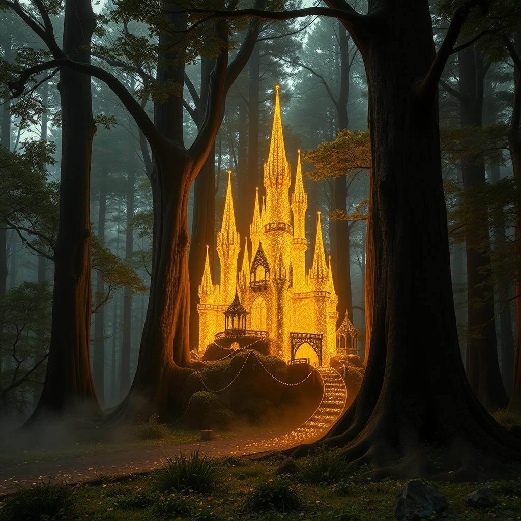 a mystical forest scene featuring a stunning castle crafted from delicate golden threads, nestled amidst towering ancient trees