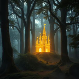 a mystical forest scene featuring a stunning castle crafted from delicate golden threads, nestled amidst towering ancient trees