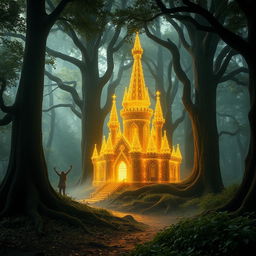 a mystical forest scene featuring a stunning castle crafted from delicate golden threads, nestled amidst towering ancient trees