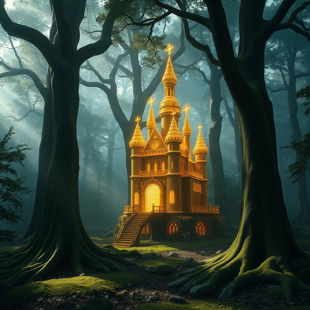 a mystical forest scene featuring a stunning castle crafted from delicate golden threads, nestled amidst towering ancient trees