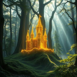 a mystical forest scene featuring a stunning castle designed to appear as if crafted from delicate golden threads, nestled amidst towering ancient trees