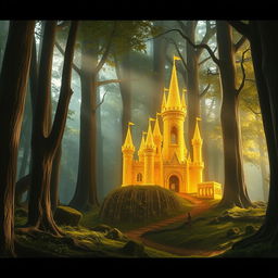 a mystical forest scene featuring a stunning castle designed to appear as if crafted from delicate golden threads, nestled amidst towering ancient trees