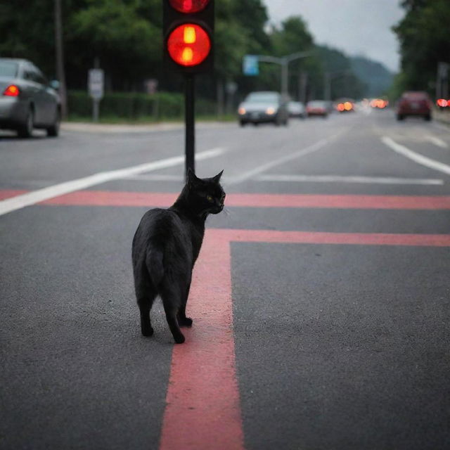 A black cat crossing the road at a red light