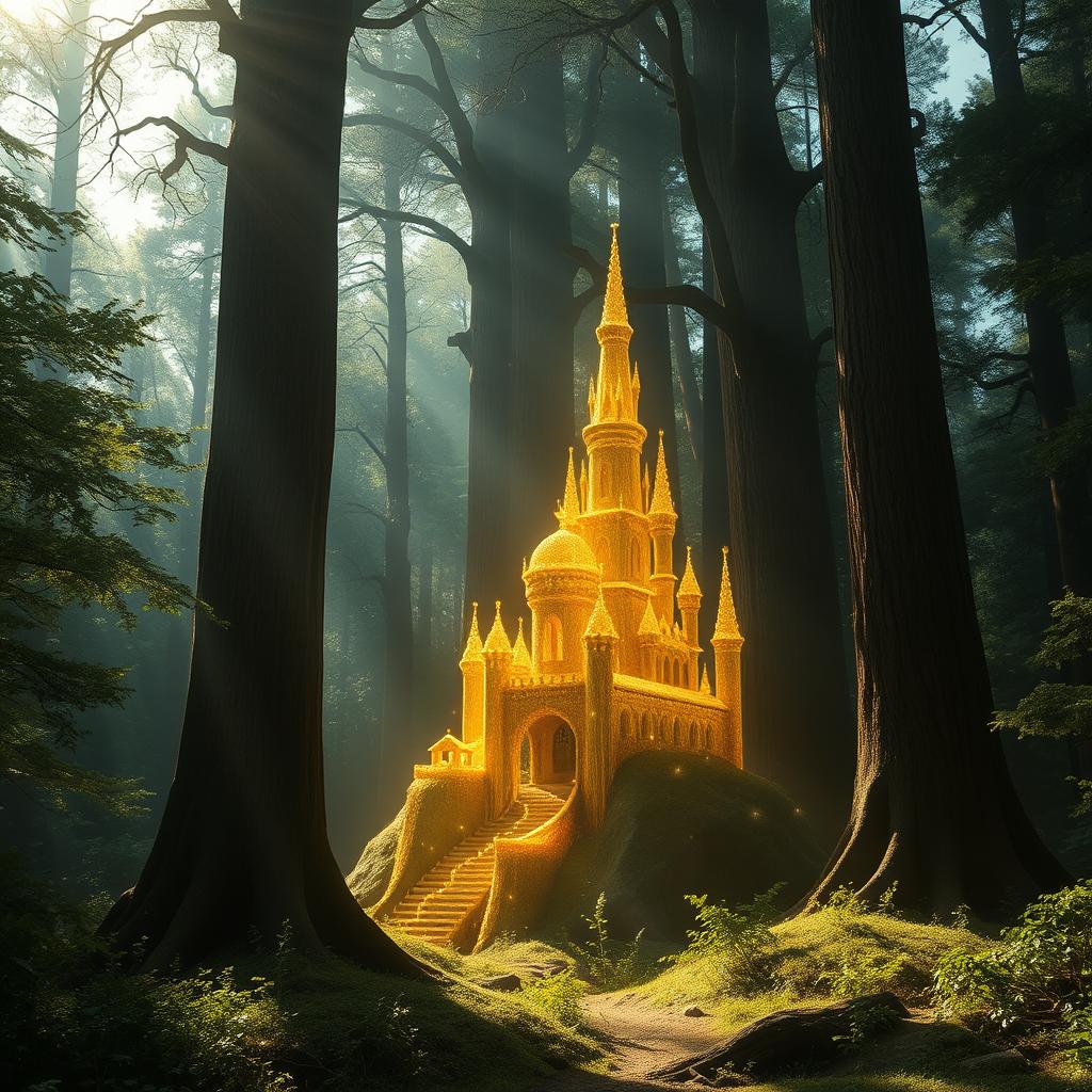 a mystical forest scene featuring a stunning castle designed to appear as if crafted from delicate golden threads, nestled amidst towering ancient trees