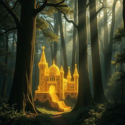 a mystical forest scene featuring a stunning castle designed to appear as if crafted from delicate golden threads, nestled amidst towering ancient trees