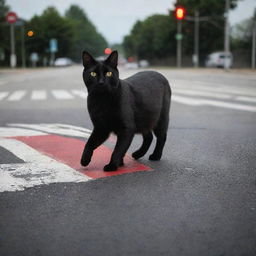 A black cat crossing the road at a red light