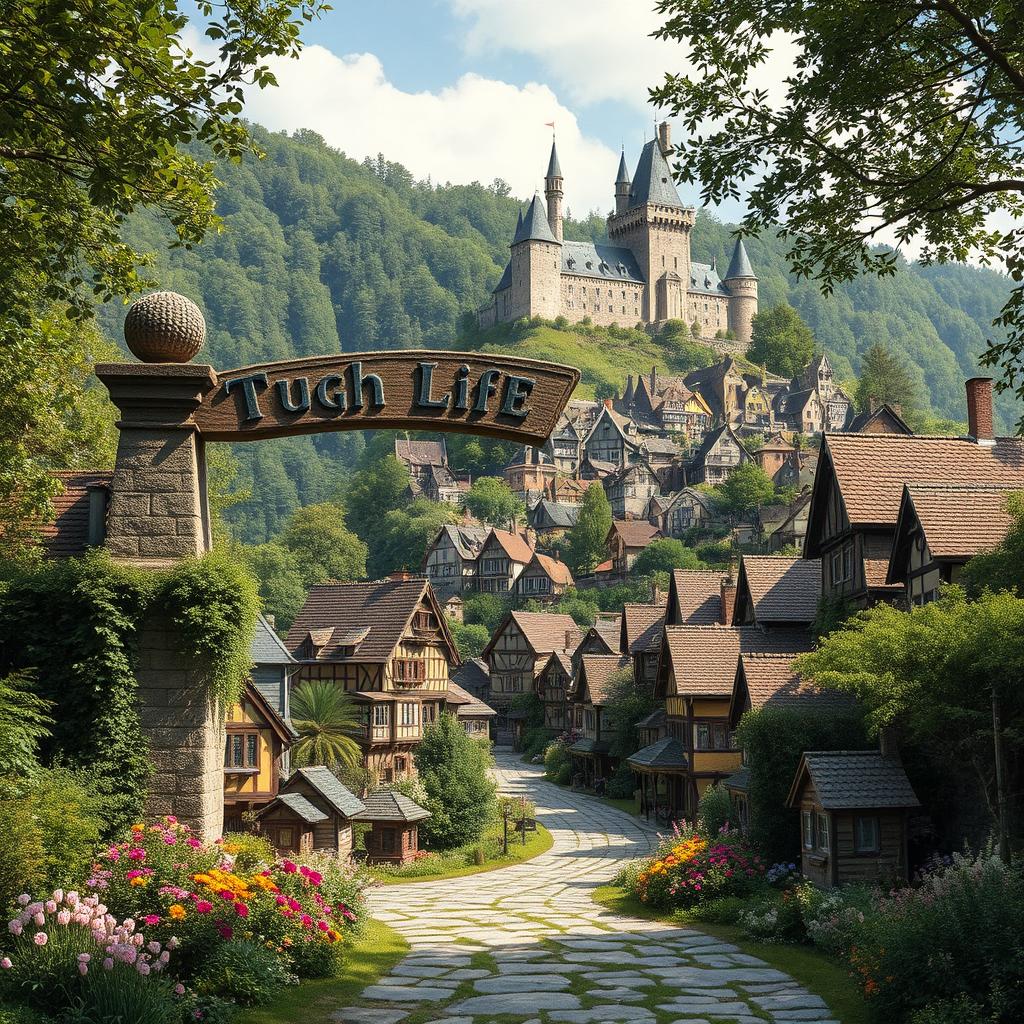 a picturesque medieval village nestled in a lush forest, vibrant with colorful flowers and rich vegetation