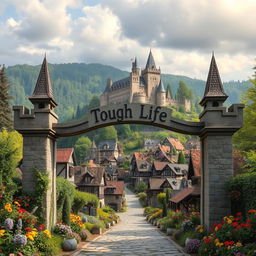 a picturesque medieval village nestled in a lush forest, vibrant with colorful flowers and rich vegetation