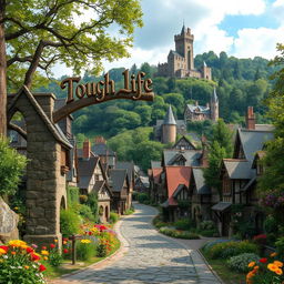 a picturesque medieval village nestled in a lush forest, vibrant with colorful flowers and rich vegetation