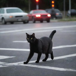 A black cat crossing the road at a red light