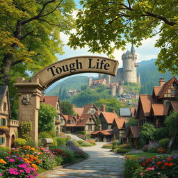 a picturesque medieval village nestled in a lush forest, vibrant with colorful flowers and rich vegetation