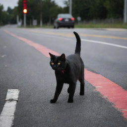 A black cat crossing the road at a red light