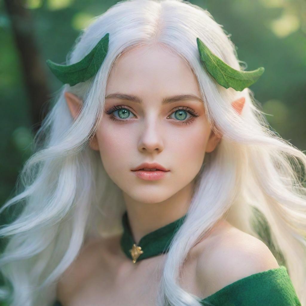 Anime-style elf with vibrant green eyes and flowing white hair, in a dreamy and magical environment