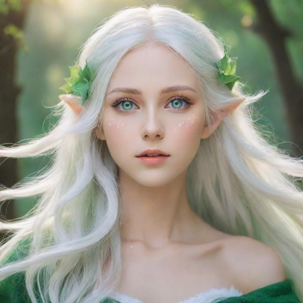 Anime-style elf with vibrant green eyes and flowing white hair, in a dreamy and magical environment