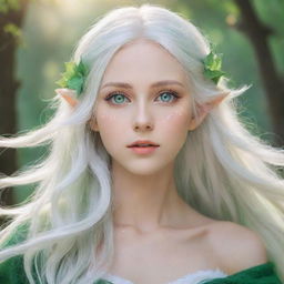 Anime-style elf with vibrant green eyes and flowing white hair, in a dreamy and magical environment