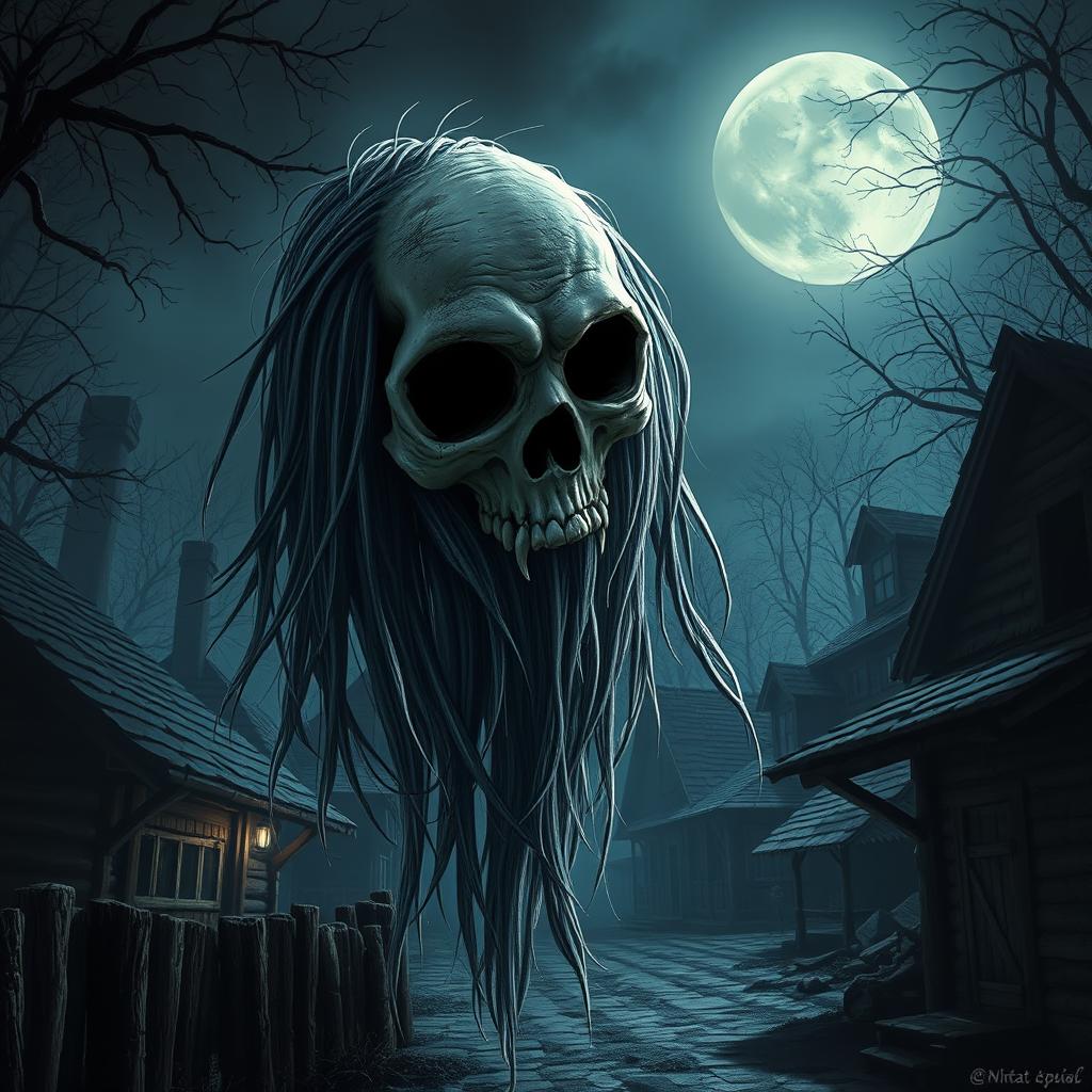 A ghostly apparition with a half-skull head, long hair, fangs, and empty eye sockets, without a body, floating in a village settlement at night