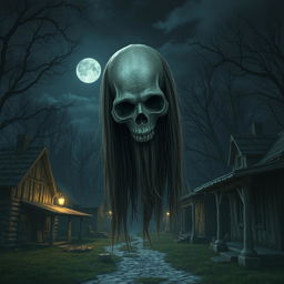 A ghostly apparition with a half-skull head, long hair, fangs, and empty eye sockets, without a body, floating in a village settlement at night