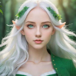 Anime-style elf with vibrant green eyes and flowing white hair, in a dreamy and magical environment