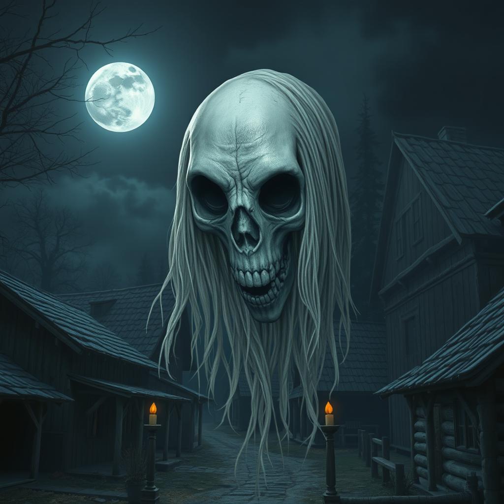 A ghostly apparition with a half-skull head, long hair, fangs, and empty eye sockets, without a body, floating in a village settlement at night