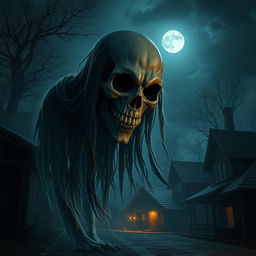 A ghostly apparition with a half-skull head, long hair, fangs, and empty eye sockets, without a body, floating in a village settlement at night