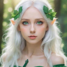 Anime-style elf with vibrant green eyes and flowing white hair, in a dreamy and magical environment