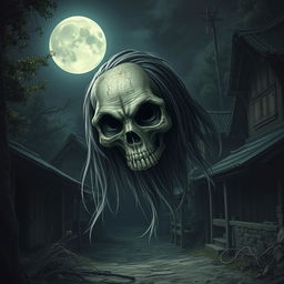 A ghostly apparition with a half-skull head, long hair, fangs, and empty eye sockets, without a body, floating in a village settlement at night