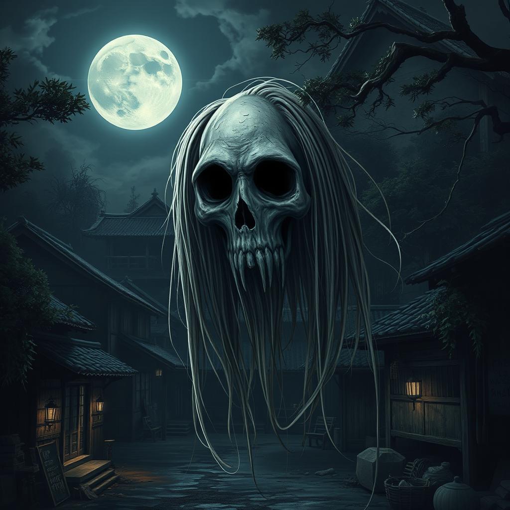 A ghostly apparition with a half-skull head, long hair, fangs, and empty eye sockets, without a body, floating in a village settlement at night