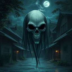 A ghostly apparition with a half-skull head, long hair, fangs, and empty eye sockets, without a body, floating in a village settlement at night