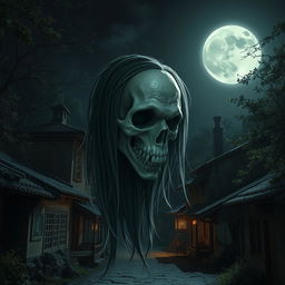 A ghostly apparition with a half-skull head, long hair, fangs, and empty eye sockets, without a body, floating in a village settlement at night