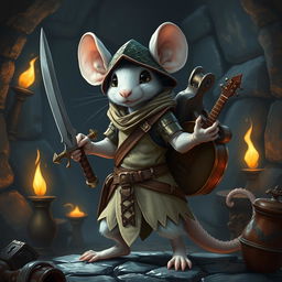 A slender, cool anthropomorphic white mouse wearing light leather armor and a dragon-scale hunter's hat, portrayed as a bard and demon hunter