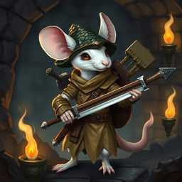 A slender, cool anthropomorphic white mouse wearing light leather armor and a dragon-scale hunter's hat, portrayed as a bard and demon hunter