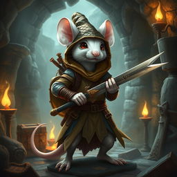 A slender, cool anthropomorphic white mouse wearing light leather armor and a dragon-scale hunter's hat, portrayed as a bard and demon hunter