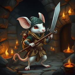 A slender, cool anthropomorphic white mouse wearing light leather armor and a dragon-scale hunter's hat, portrayed as a bard and demon hunter