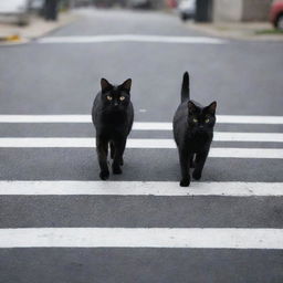 A black cat walking on a pedestrian crosswalk