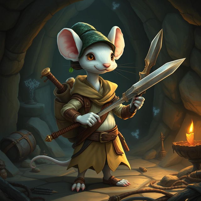 A slender, cool anthropomorphic white mouse, donned in light leather armor and wearing a dragon-scale hunter's hat