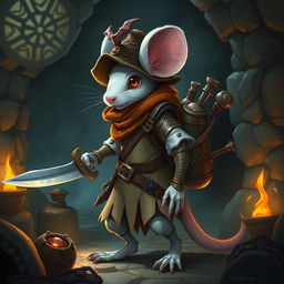 A slender, cool anthropomorphic white mouse, donned in light leather armor and wearing a dragon-scale hunter's hat