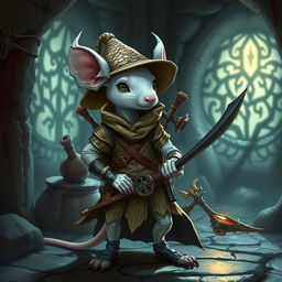 A slender, cool anthropomorphic white mouse, donned in light leather armor and wearing a dragon-scale hunter's hat