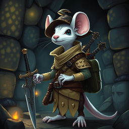 A slender, cool anthropomorphic white mouse, donned in light leather armor and wearing a dragon-scale hunter's hat