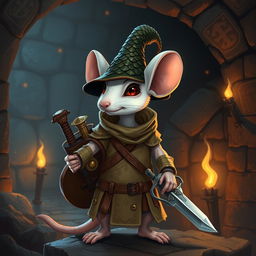 A slender, cool anthropomorphic white mouse dressed in light leather armor and wearing a dragon-scale hunter's hat