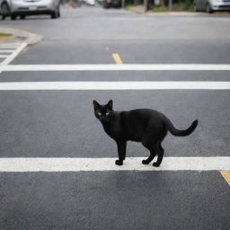 A black cat walking on a pedestrian crosswalk