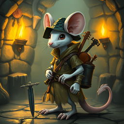 A slender, cool anthropomorphic white mouse dressed in light leather armor and wearing a dragon-scale hunter's hat