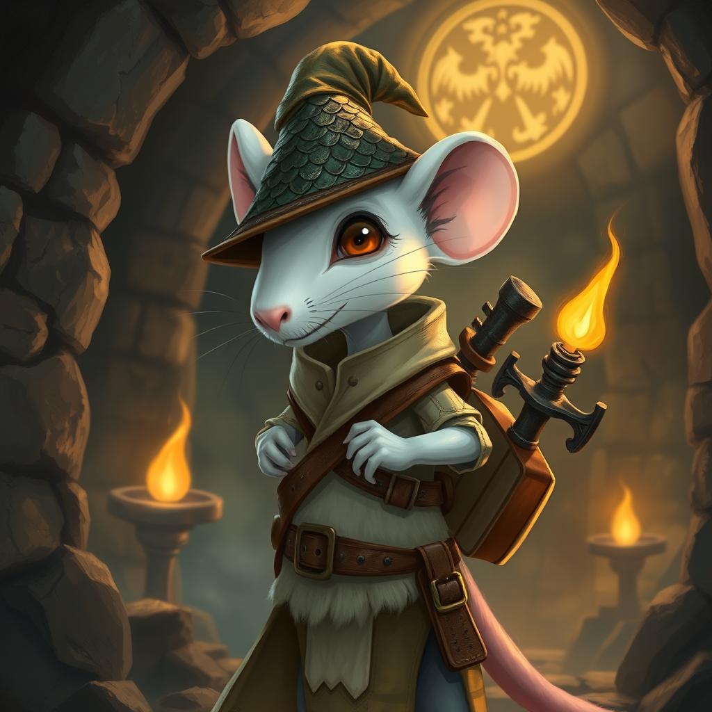 A slender, cool anthropomorphic white mouse dressed in light leather armor and wearing a dragon-scale hunter's hat