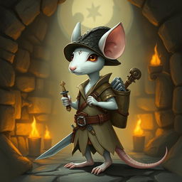 A slender, cool anthropomorphic white mouse dressed in light leather armor and wearing a dragon-scale hunter's hat