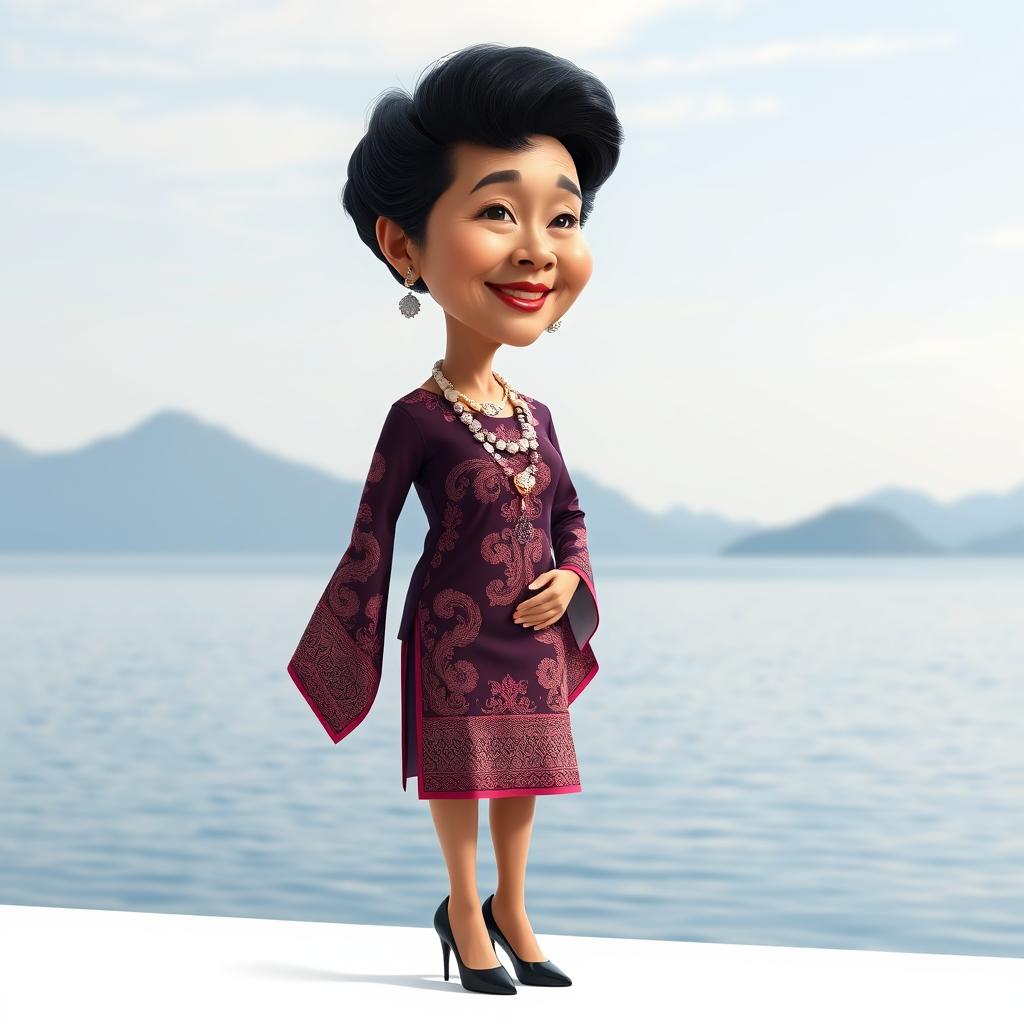 A 3D realistic caricature of a 60-year-old Indonesian woman wearing traditional Batak kebaya with sparkling accessories, standing elegantly in high heels by Lake Toba