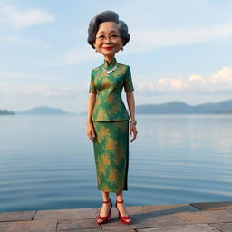 A 3D realistic caricature of a 60-year-old Indonesian woman wearing traditional Batak kebaya with sparkling accessories, standing elegantly in high heels by Lake Toba